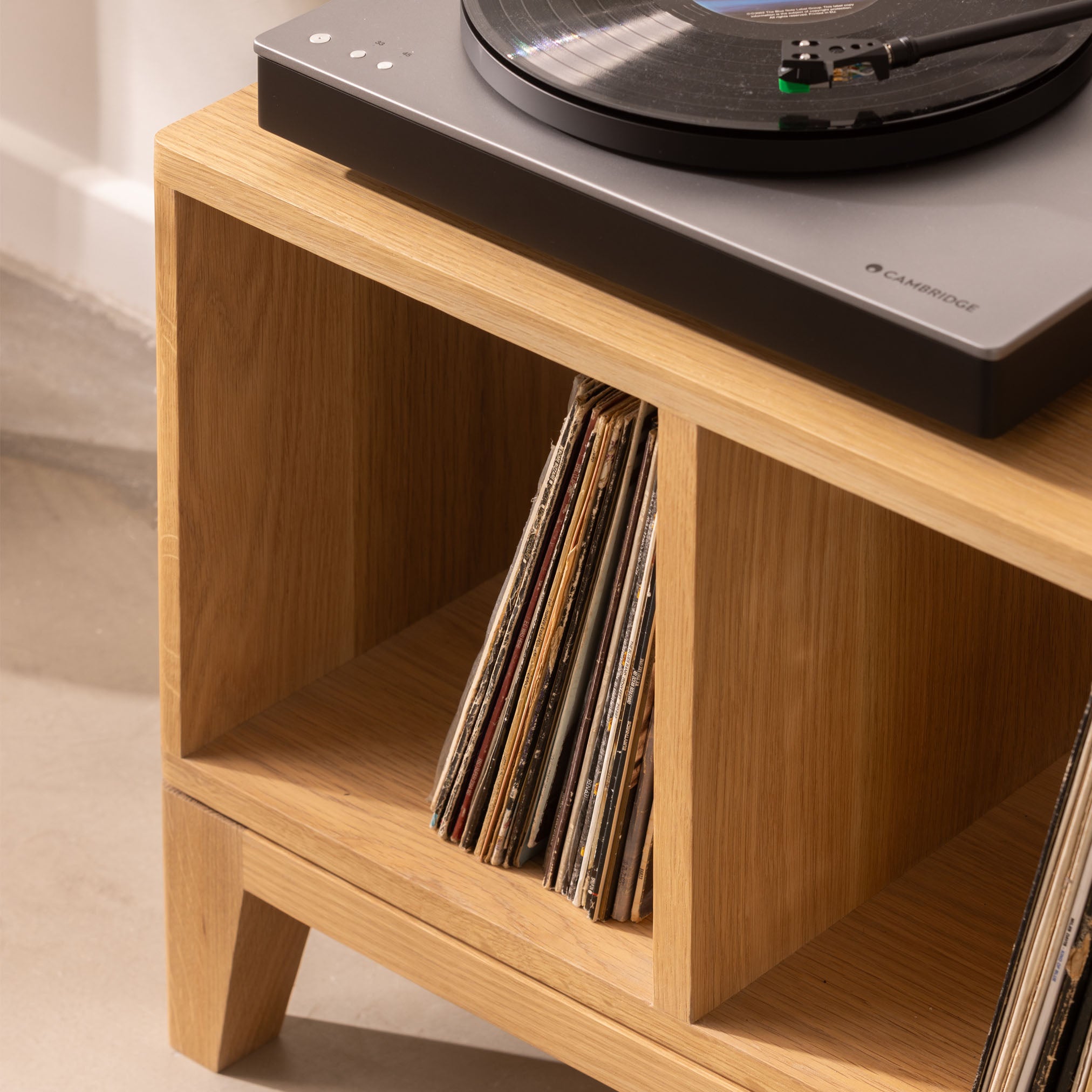 turntable on oak record cabinet